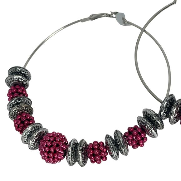 Silver Tone Bead Hoop Earrings Disc Style Boho Fashion Trendy Statement NWT - Picture 8 of 9